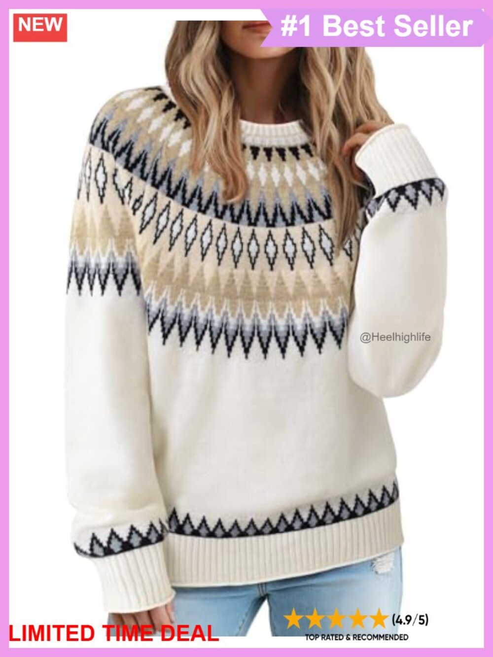 Fair Isle Sweater Womens Ribbed Knit Colorblock Pullover Crewneck